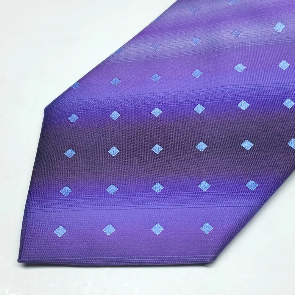 VAN HUESEN Light Blue Squares on Purple Vertical Lines Silk Tie EUC
